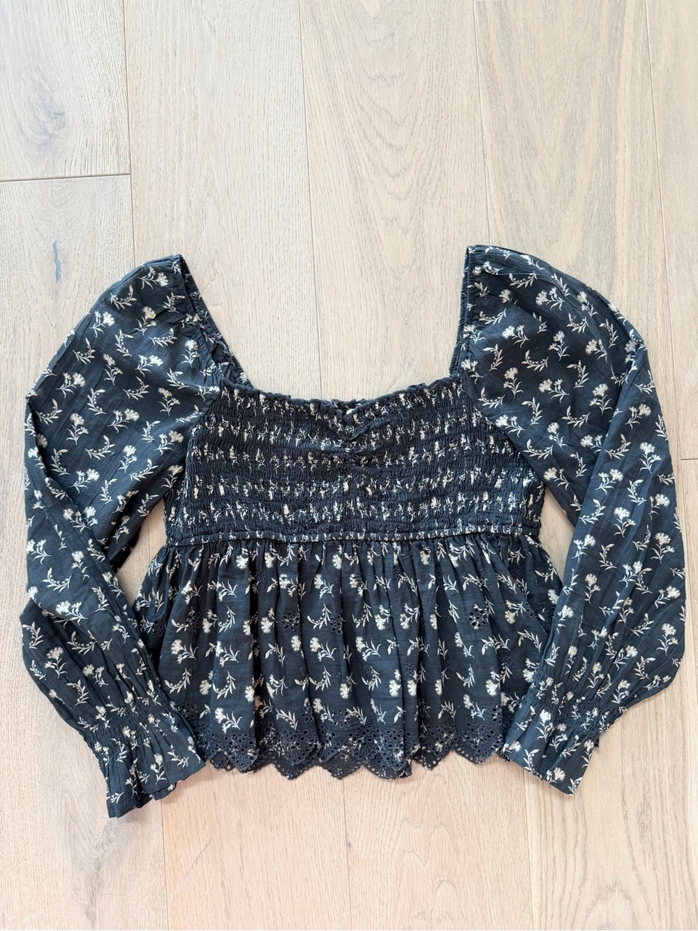 AE Smocked Square-Neck Black Floral Peplum Top